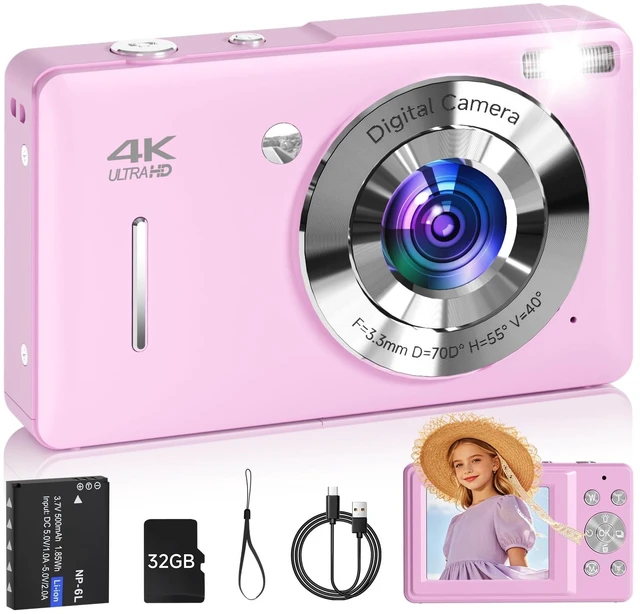 Main image of Digital Camera, FHD 1080P 44MP Point and Shoot Digital Camera with Face Detect, Smile Capture, 16X Zoom, 20 Filters, Anti Shake, 32GB SD Card Purple Compact Vintage Camera for Kids Boys Girls Teens