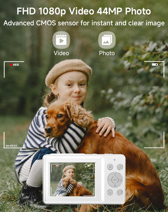 Alt view image 2 of 7 - Digital Camera for Kids, FHD 1080P 44MP Point and Shoot Digital Camera with Face Detect, Smile Capture, 16X Zoom, 20 Filters, Anti Shake, 32GB SD Card White Compact Vintage Camera for Kids Boys Girls