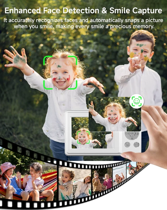 Alt view image 5 of 7 - Digital Camera for Kids, FHD 1080P 44MP Point and Shoot Digital Camera with Face Detect, Smile Capture, 16X Zoom, 20 Filters, Anti Shake, 32GB SD Card White Compact Vintage Camera for Kids Boys Girls
