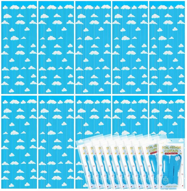 Main image of 10 Pack Blue Sky White Clouds Party Supplies,Toy Birthday Decor Kids Cartoon Supply, Tinsel Foil Fringe Curtains, Photo Booth Decorations, Easy Setup, Suitable Size 3.3 x 6.6 ft
