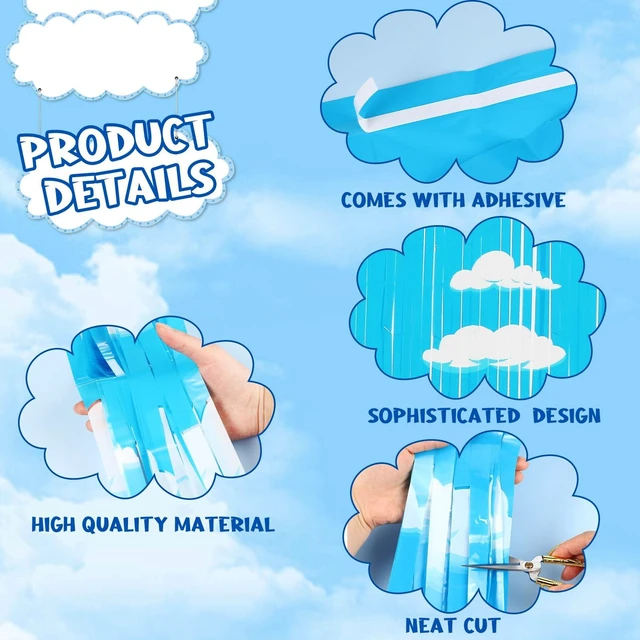 Alt view image 3 of 7 - 10 Pack Blue Sky White Clouds Party Supplies,Toy Birthday Decor Kids Cartoon Supply, Tinsel Foil Fringe Curtains, Photo Booth Decorations, Easy Setup, Suitable Size 3.3 x 6.6 ft