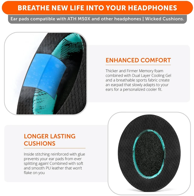 Alt view image 4 of 7 - Freeze - Cooling Gel Earpads for ATH M50X / SteelSeries Arctis/HyperX Made by Wicked Cushions Fits SteelSeries Arctis, ATH M50X, Turtle Beach Stealth & More. Cooler for Longer Speedracer Cyan