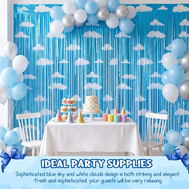 Alt view image 4 of 7 - 10 Pack Blue Sky White Clouds Party Supplies,Toy Birthday Decor Kids Cartoon Supply, Tinsel Foil Fringe Curtains, Photo Booth Decorations, Easy Setup, Suitable Size 3.3 x 6.6 ft