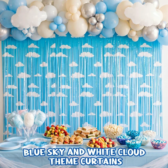 Alt view image 5 of 7 - 10 Pack Blue Sky White Clouds Party Supplies,Toy Birthday Decor Kids Cartoon Supply, Tinsel Foil Fringe Curtains, Photo Booth Decorations, Easy Setup, Suitable Size 3.3 x 6.6 ft