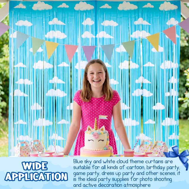 Alt view image 7 of 7 - 10 Pack Blue Sky White Clouds Party Supplies,Toy Birthday Decor Kids Cartoon Supply, Tinsel Foil Fringe Curtains, Photo Booth Decorations, Easy Setup, Suitable Size 3.3 x 6.6 ft