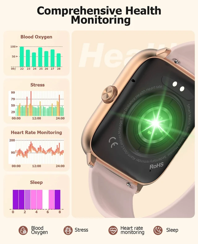 Alt view image 5 of 7 - Luxury Smart Watch Women, 2.06" HD AMOLED AOD Answer/Make Call Heart Rate/Blood Pressure/SpO2/Sleep/Stress Monitor, IP68 Waterproof Tracker, Pedometer, 118 Sports, Great Gift, iOS/Android