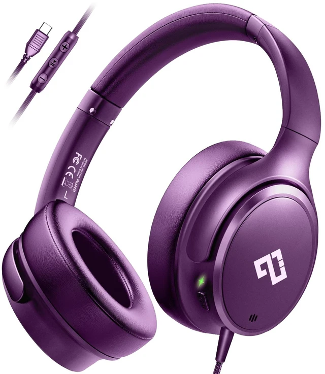 Main image of USB C Headphones Wired Active Noise Cancelling Headphones Over Ear-Purple HiFi Stereo/Portable/Comfortable/Built-in Microphone/Typc C Wired Headphones for iPhone/iPad/Sports/School/Travel/Ideal Gifts