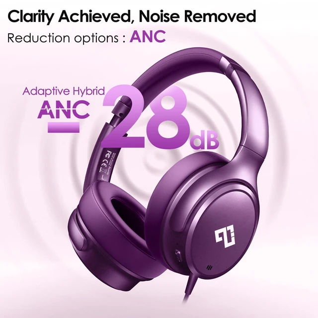 Alt view image 2 of 7 - USB C Headphones Wired Active Noise Cancelling Headphones Over Ear-Purple HiFi Stereo/Portable/Comfortable/Built-in Microphone/Typc C Wired Headphones for iPhone/iPad/Sports/School/Travel/Ideal Gifts