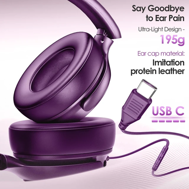 Alt view image 3 of 7 - USB C Headphones Wired Active Noise Cancelling Headphones Over Ear-Purple HiFi Stereo/Portable/Comfortable/Built-in Microphone/Typc C Wired Headphones for iPhone/iPad/Sports/School/Travel/Ideal Gifts