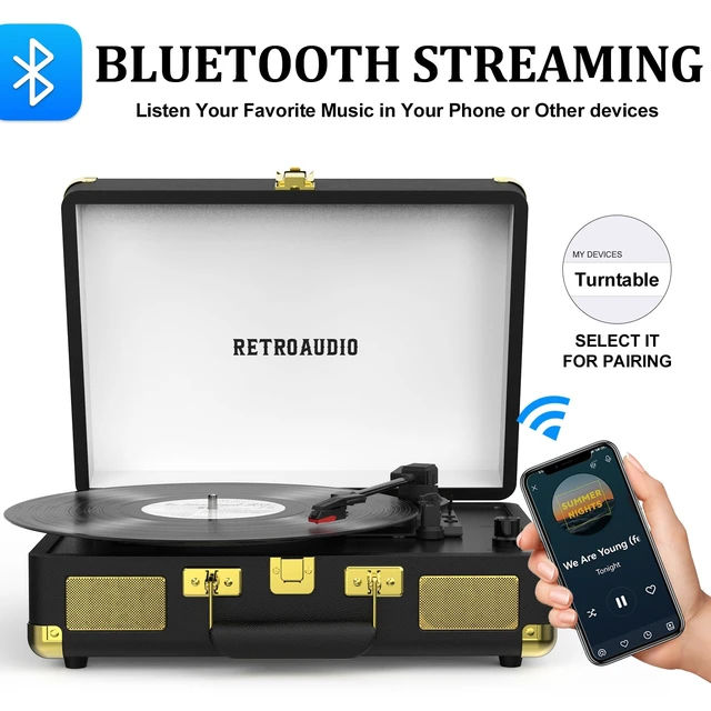 Alt view image 2 of 7 - Vinyl Record Player 3-Speed Bluetooth Portable Suitcase Belt-Driven Record Player with 2 Built-in Stereo Speakers Vinyl Vintage Turntable Phonograph Records Player with RCA Line Out, AUX Out