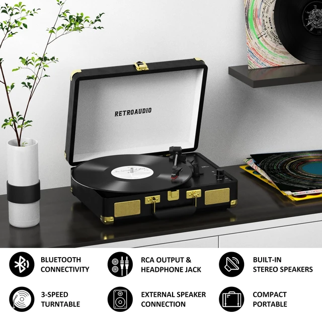 Alt view image 3 of 7 - Vinyl Record Player 3-Speed Bluetooth Portable Suitcase Belt-Driven Record Player with 2 Built-in Stereo Speakers Vinyl Vintage Turntable Phonograph Records Player with RCA Line Out, AUX Out