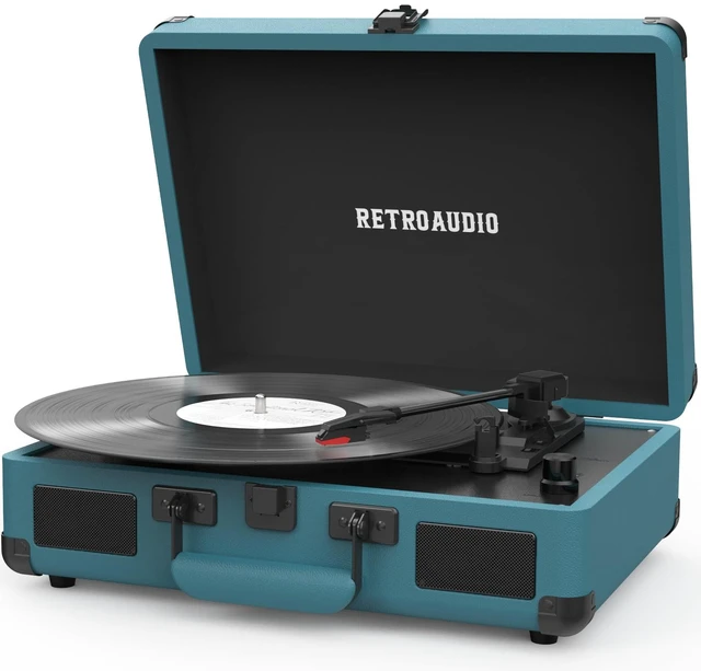 Main image of Portable Bluetooth Vintage Vinyl Record Player Turntable 3-speed belt-driven LP player, dual built-in stereo speakers, RCA & AUX output, portable vintage suitcase phonograph