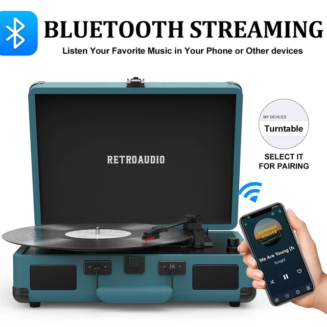 Alt view image 2 of 7 - Portable Bluetooth Vintage Vinyl Record Player Turntable 3-speed belt-driven LP player, dual built-in stereo speakers, RCA & AUX output, portable vintage suitcase phonograph