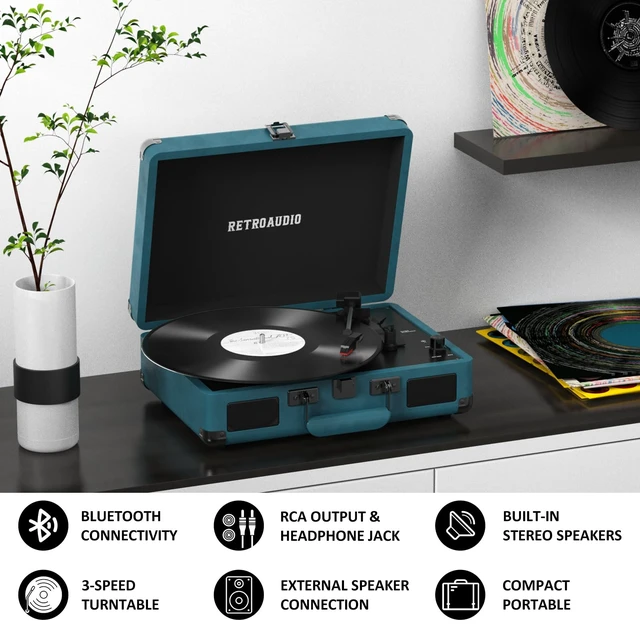 Alt view image 3 of 7 - Portable Bluetooth Vintage Vinyl Record Player Turntable 3-speed belt-driven LP player, dual built-in stereo speakers, RCA & AUX output, portable vintage suitcase phonograph