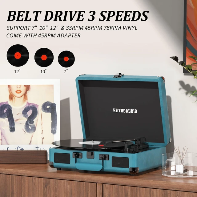 Alt view image 4 of 7 - Portable Bluetooth Vintage Vinyl Record Player Turntable 3-speed belt-driven LP player, dual built-in stereo speakers, RCA & AUX output, portable vintage suitcase phonograph