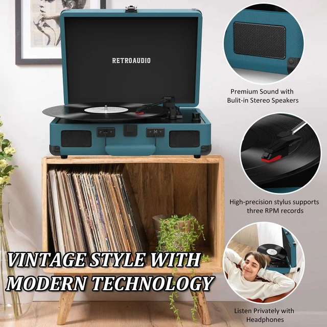 Alt view image 5 of 7 - Portable Bluetooth Vintage Vinyl Record Player Turntable 3-speed belt-driven LP player, dual built-in stereo speakers, RCA & AUX output, portable vintage suitcase phonograph