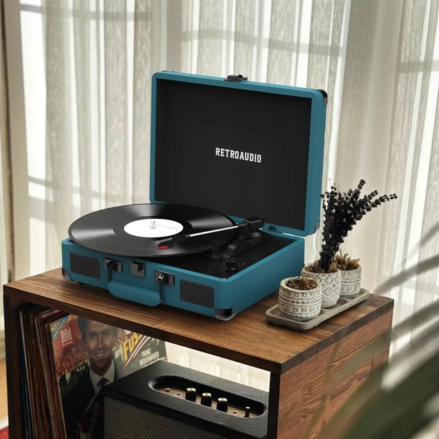 Alt view image 6 of 7 - Portable Bluetooth Vintage Vinyl Record Player Turntable 3-speed belt-driven LP player, dual built-in stereo speakers, RCA & AUX output, portable vintage suitcase phonograph