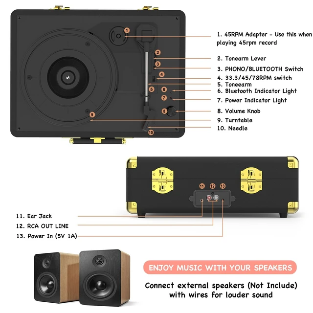 Alt view image 7 of 7 - Vinyl Record Player 3-Speed Bluetooth Portable Suitcase Belt-Driven Record Player with 2 Built-in Stereo Speakers Vinyl Vintage Turntable Phonograph Records Player with RCA Line Out, AUX Out