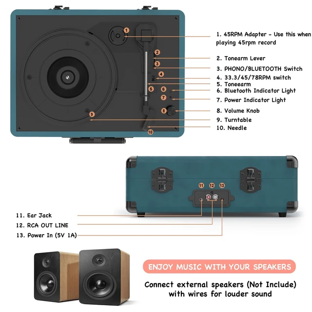 Alt view image 7 of 7 - Portable Bluetooth Vintage Vinyl Record Player Turntable 3-speed belt-driven LP player, dual built-in stereo speakers, RCA & AUX output, portable vintage suitcase phonograph