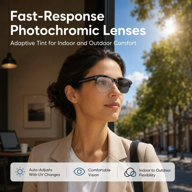 Alt view image 4 of 7 - AI Smart Glasses with camera, 8MP HD Camera Glasses,Bluetooth Music & Calls Continuous AI Chat, 1080P EIS Video, Object Recognition, Real-Time Translation, Photochromic Lenses, Travel & Daily Use