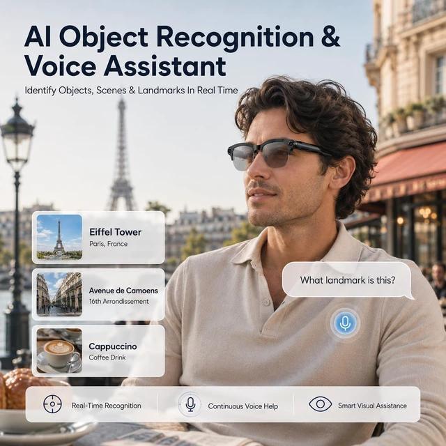 Alt view image 5 of 7 - AI Smart Glasses with camera, 8MP HD Camera Glasses,Bluetooth Music & Calls Continuous AI Chat, 1080P EIS Video, Object Recognition, Real-Time Translation, Photochromic Lenses, Travel & Daily Use