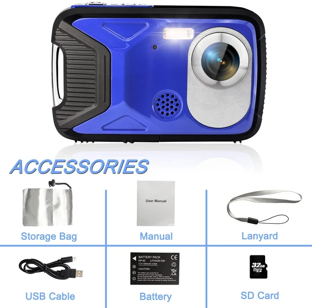 Alt view image 7 of 7 - 16FT Underwater Camera 30MP Waterproof Digital Camera with 32G Card and Rechargeable Battery, 18X Point and Shoot Camera for Boys Girls Children Teens Snorkeling Swimming Vacation(Blue)