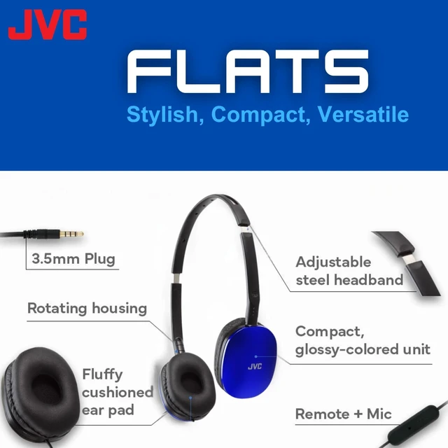 Alt view image 2 of 6 - Blue Flat Foldable Colorful Flats On Ear Headphones with Remote and Microphone, 3.94 Foot Gold Plated 3.5mm Slim Plug - HAS160MA, Adjustable