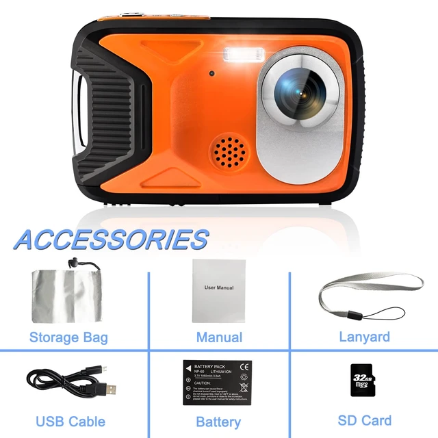 Alt view image 7 of 7 - 16FT Underwater Camera 30MP Waterproof Digital Camera with 32G Card and Rechargeable Battery, 18X Zoom Point and Shoot Camera for Boys Girls Children Teens Snorkeling Swimming Vacation(Orange)