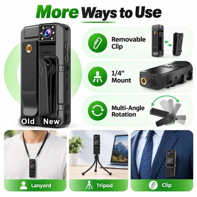Alt view image 4 of 6 - Body Camera with Audio and Video Recording, Unltra 4K Body Cam with 180° Rotating Lens, 6HR Battery, IR Cut Auto Night Vision, 64GB Body Worn Camcorder Personal Civilians Police Law Enforcement