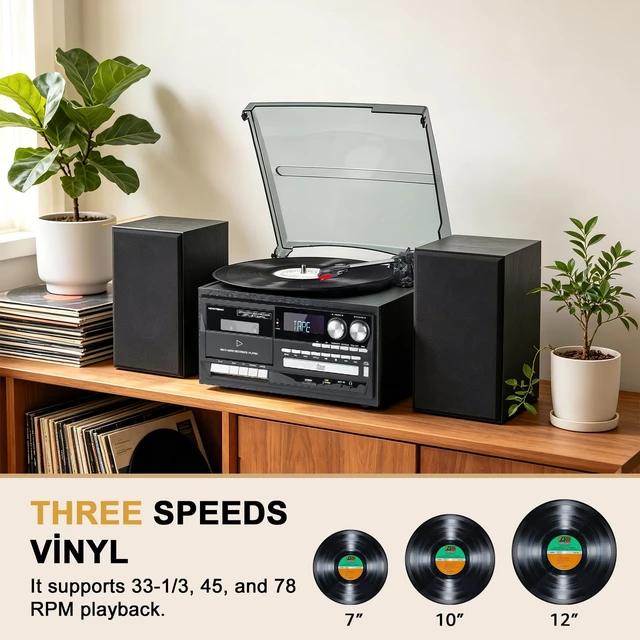 Alt view image 3 of 7 - Home Vinyl Record Player Turntable with Built-in Speakers, 3-Speed (33/45/78 RPM) Classic Design for Everyday Music