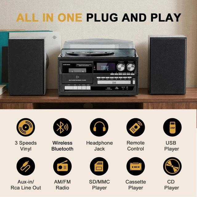 Alt view image 2 of 7 - Home Vinyl Record Player Turntable with Built-in Speakers, 3-Speed (33/45/78 RPM) Classic Design for Everyday Music