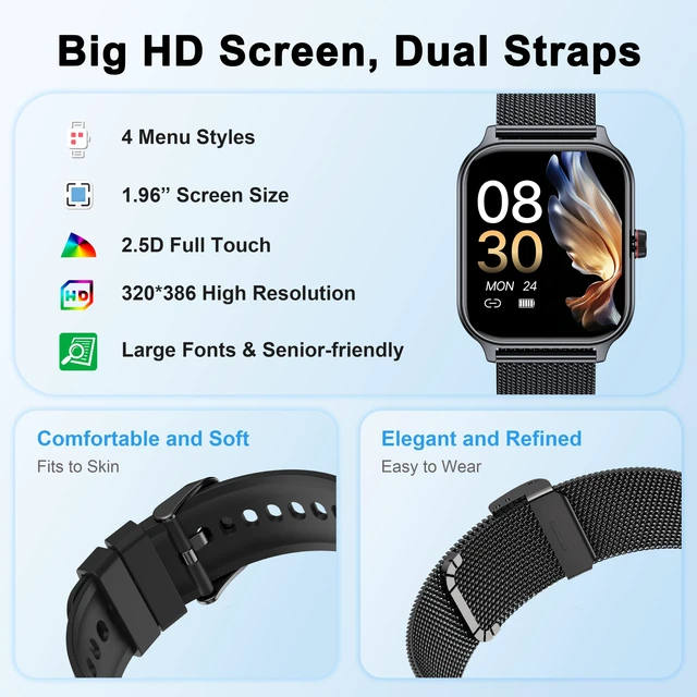 Alt view image 2 of 7 - Smart Watch Women Men, 1.96" Reloj Inteligente para Mujer, Fitness Tracker, Blood Pressure/Heart Rate/SpO2 & Sleep Monitor, 110+ Sport Modes, Make/Answer Call, Voice Assistant for iOS Android