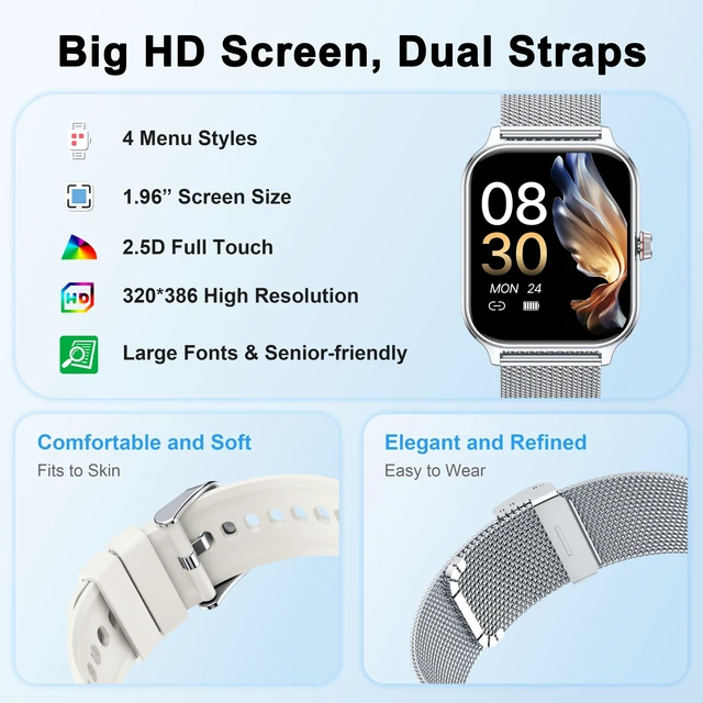 Alt view image 2 of 7 - Smart Watch Women Men, 1.96" Reloj Inteligente para Mujer, Fitness Tracker, Blood Pressure/Heart Rate/SpO2 & Sleep Monitor, 110+ Sport Modes, Make/Answer Call, Voice Assistant for iOS Android