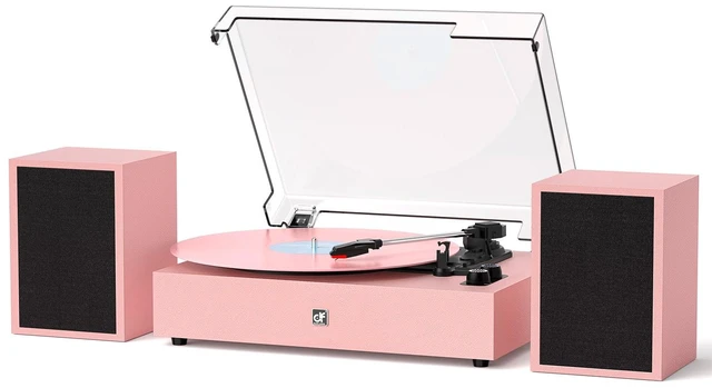 Main image of Bluetooth Record Player with External Speakers Belt-Drive Turntable, Pink Belt-Drive Turntable for Vinyl Records Dual Stereo Speakers LP Players Support 3 Speeds 3 Sizes, AUX-In RCA Output, Auto Stop