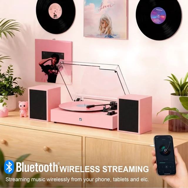 Alt view image 2 of 7 - Bluetooth Record Player with External Speakers Belt-Drive Turntable, Pink Belt-Drive Turntable for Vinyl Records Dual Stereo Speakers LP Players Support 3 Speeds 3 Sizes, AUX-In RCA Output, Auto Stop