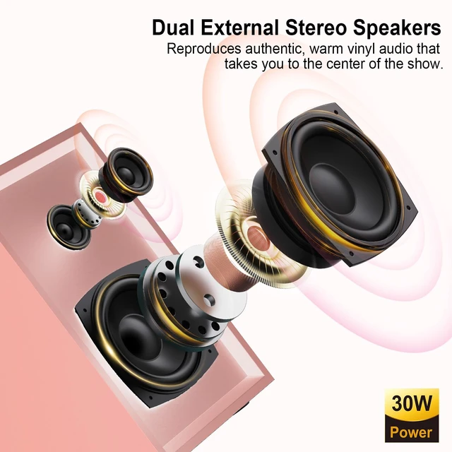 Alt view image 3 of 7 - Bluetooth Record Player with External Speakers Belt-Drive Turntable, Pink Belt-Drive Turntable for Vinyl Records Dual Stereo Speakers LP Players Support 3 Speeds 3 Sizes, AUX-In RCA Output, Auto Stop