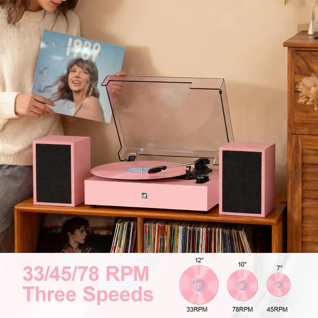 Alt view image 4 of 7 - Bluetooth Record Player with External Speakers Belt-Drive Turntable, Pink Belt-Drive Turntable for Vinyl Records Dual Stereo Speakers LP Players Support 3 Speeds 3 Sizes, AUX-In RCA Output, Auto Stop