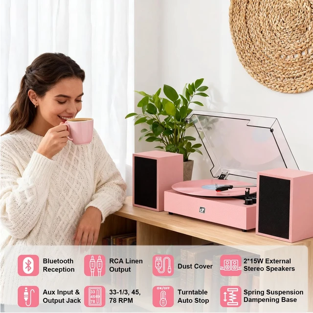 Alt view image 5 of 7 - Bluetooth Record Player with External Speakers Belt-Drive Turntable, Pink Belt-Drive Turntable for Vinyl Records Dual Stereo Speakers LP Players Support 3 Speeds 3 Sizes, AUX-In RCA Output, Auto Stop