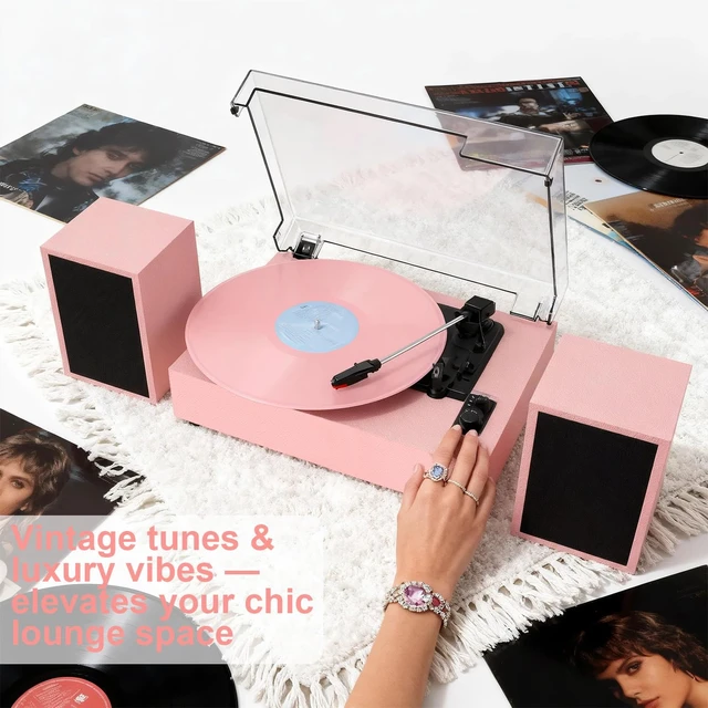 Alt view image 6 of 7 - Bluetooth Record Player with External Speakers Belt-Drive Turntable, Pink Belt-Drive Turntable for Vinyl Records Dual Stereo Speakers LP Players Support 3 Speeds 3 Sizes, AUX-In RCA Output, Auto Stop