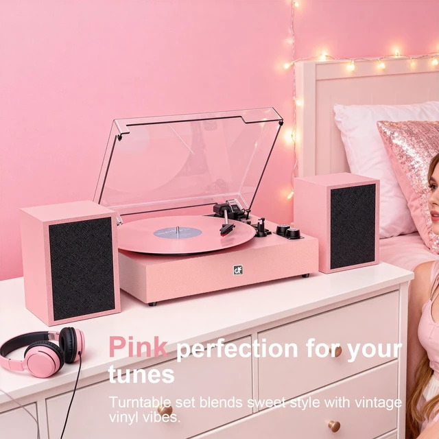 Alt view image 7 of 7 - Bluetooth Record Player with External Speakers Belt-Drive Turntable, Pink Belt-Drive Turntable for Vinyl Records Dual Stereo Speakers LP Players Support 3 Speeds 3 Sizes, AUX-In RCA Output, Auto Stop