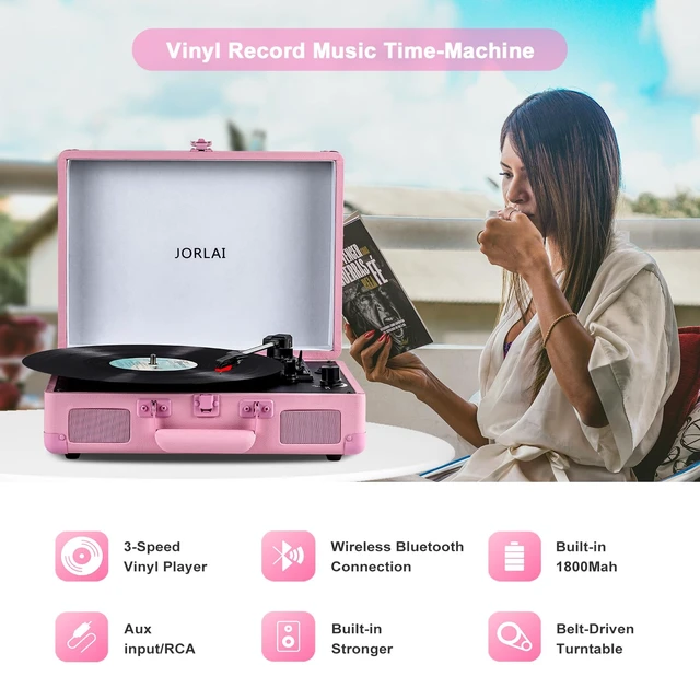 Alt view image 2 of 7 - Portable Record Player with Bluetooth 3 Speed Turntable Built in Rechargeable Battery Vintage Suitcase Design with RCA Line Out and Aux in