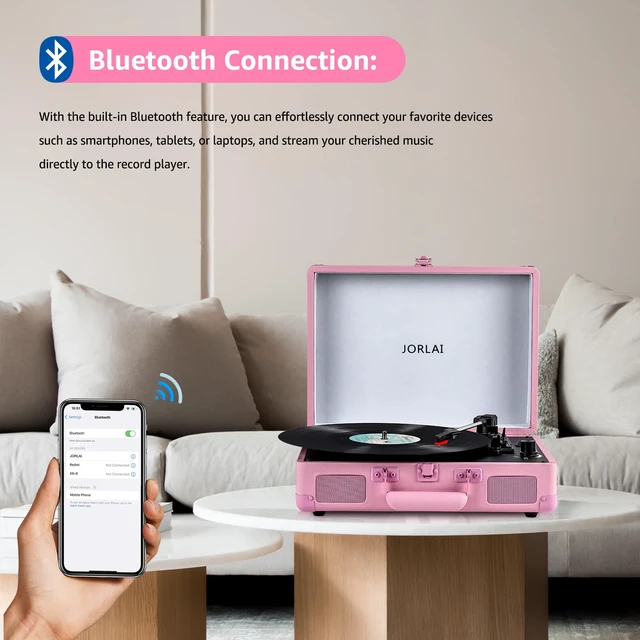 Alt view image 3 of 7 - Portable Record Player with Bluetooth 3 Speed Turntable Built in Rechargeable Battery Vintage Suitcase Design with RCA Line Out and Aux in