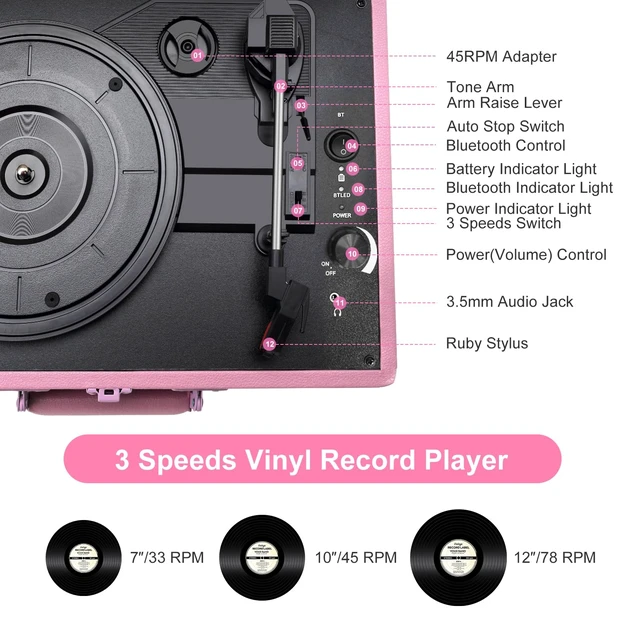 Alt view image 4 of 7 - Portable Record Player with Bluetooth 3 Speed Turntable Built in Rechargeable Battery Vintage Suitcase Design with RCA Line Out and Aux in