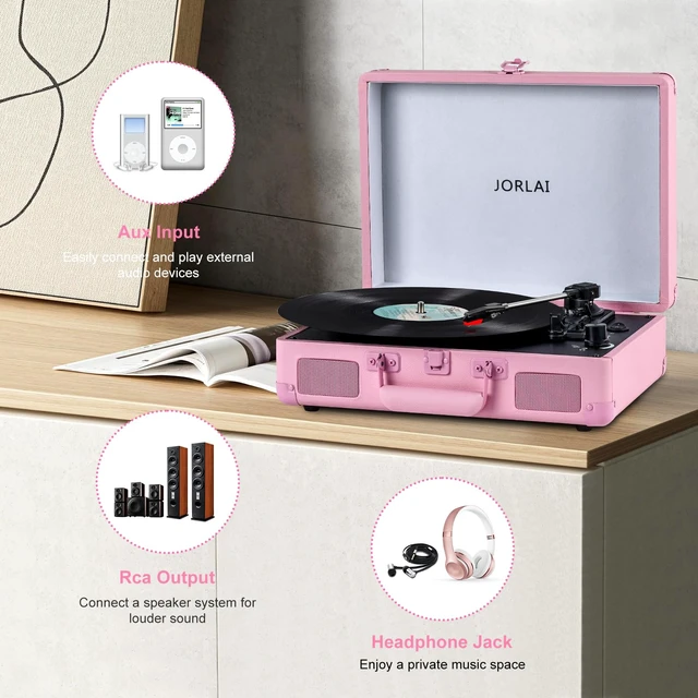 Alt view image 6 of 7 - Portable Record Player with Bluetooth 3 Speed Turntable Built in Rechargeable Battery Vintage Suitcase Design with RCA Line Out and Aux in
