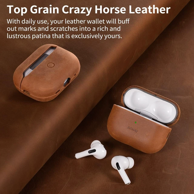 Alt view image 2 of 7 - Handcrafted Crazy Horse Leather Case for AirPods Pro 2, Sunset Tan Full-Grain Leather, Waxed Pull-Up Cowhide, Unique Patina, Compatible with MagSafe, Comfortable Grip, Precision Fit