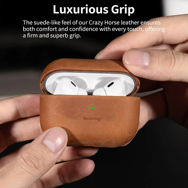 Alt view image 3 of 7 - Handcrafted Crazy Horse Leather Case for AirPods Pro 2, Sunset Tan Full-Grain Leather, Waxed Pull-Up Cowhide, Unique Patina, Compatible with MagSafe, Comfortable Grip, Precision Fit