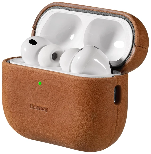 Main image of Handcrafted Crazy Horse Leather Case for AirPods Pro 2, Sunset Tan Full-Grain Leather, Waxed Pull-Up Cowhide, Unique Patina, Compatible with MagSafe, Comfortable Grip, Precision Fit