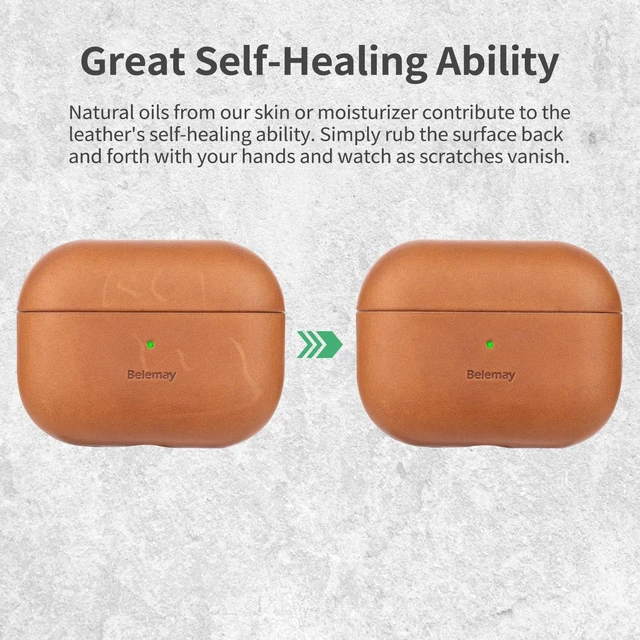Alt view image 6 of 7 - Handcrafted Crazy Horse Leather Case for AirPods Pro 2, Sunset Tan Full-Grain Leather, Waxed Pull-Up Cowhide, Unique Patina, Compatible with MagSafe, Comfortable Grip, Precision Fit