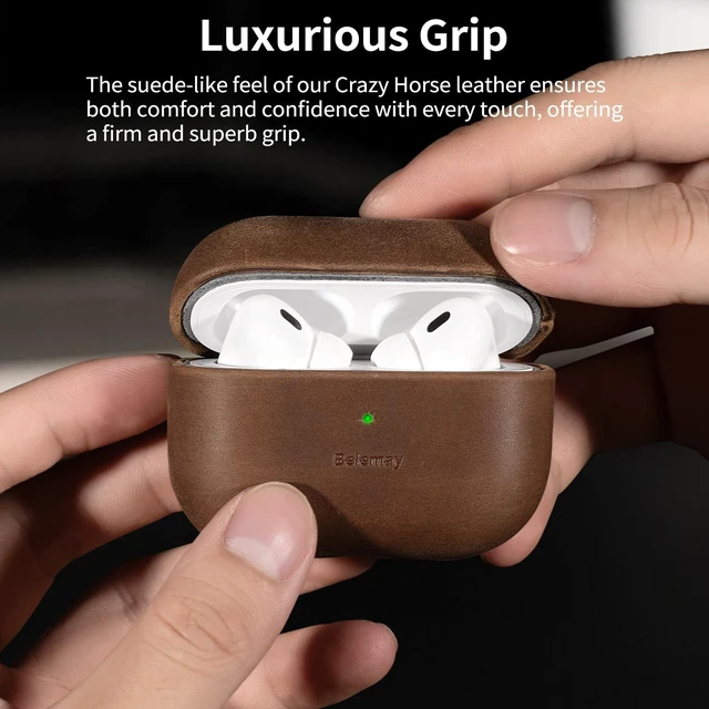 Alt view image 3 of 7 - Handcrafted Crazy Horse Leather Case for AirPods Pro 2, Brown Full-Grain Leather, Waxed Pull-Up Cowhide, Unique Patina, Compatible with MagSafe, Comfortable Grip, Precision Fit