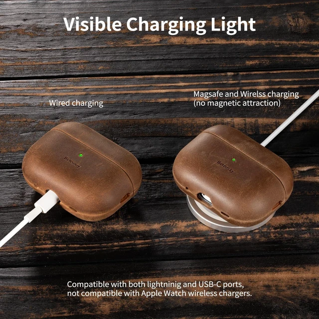 Alt view image 5 of 7 - Handcrafted Crazy Horse Leather Case for AirPods Pro 2, Brown Full-Grain Leather, Waxed Pull-Up Cowhide, Unique Patina, Compatible with MagSafe, Comfortable Grip, Precision Fit